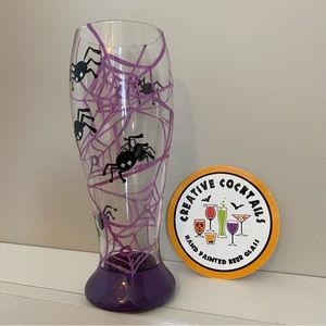 Halloween hand painted beer glass (18 Fl oz) spider and web design
